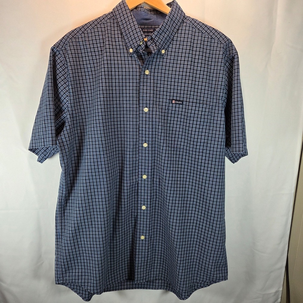 Chaps Mens Large Preppy Blue & White Check Short Sleeve Button-Up Shirt Casual
